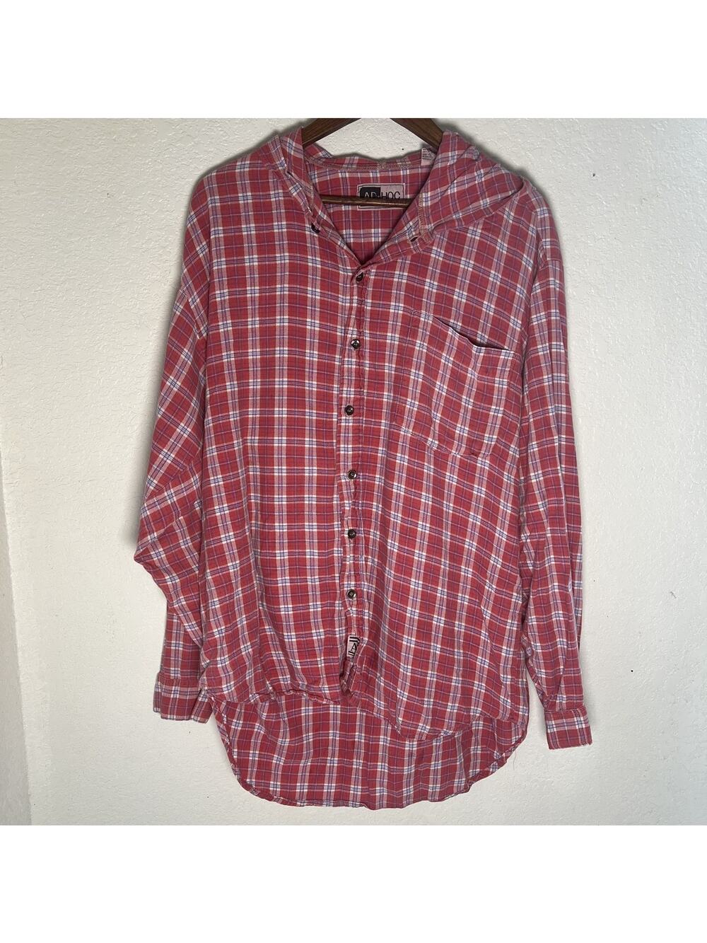 Ad-Hoc Womens Hooded Shirt Pink Plaid Cotton Button Down Size L Camping Fall